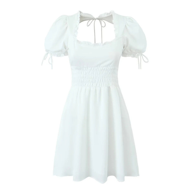 Halter dress with square neck puffed sleeves