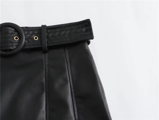 Sweet and spicy wind PU leather wide pleated skirt
