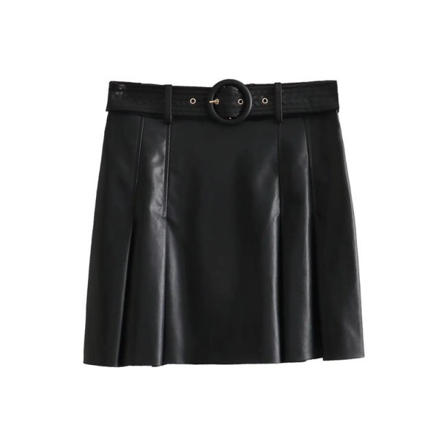 Sweet and spicy wind PU leather wide pleated skirt
