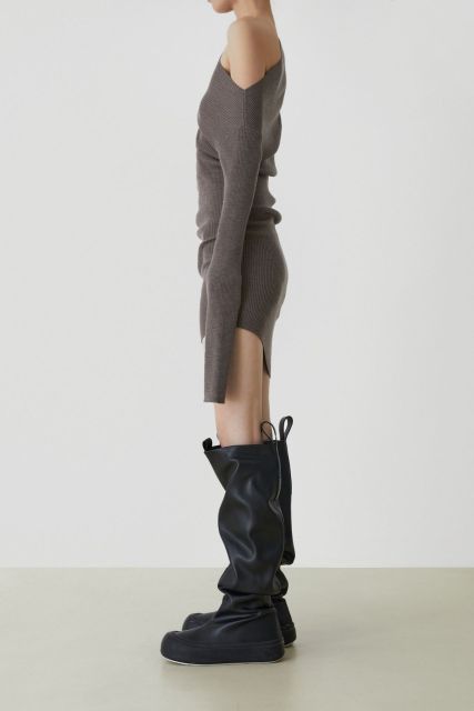 The new Merlot is paired with a wool knit dress