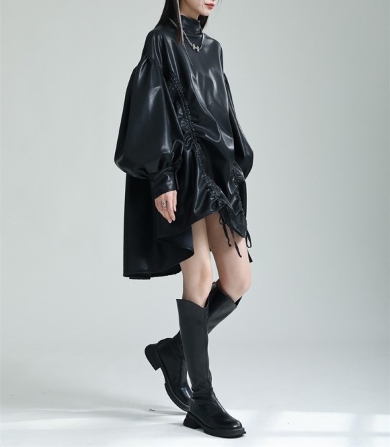 PU leather lantern sleeve puffy skirt