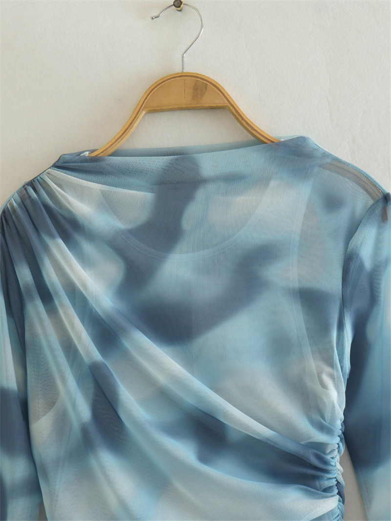 Printed silk mesh pleated slim fit top