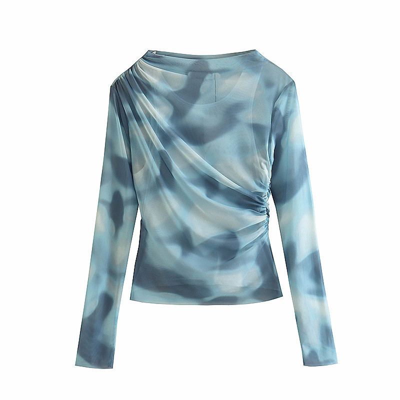 Printed silk mesh pleated slim fit top