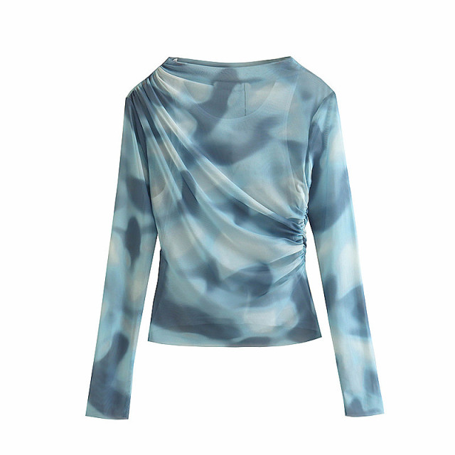 Printed silk mesh pleated slim fit top
