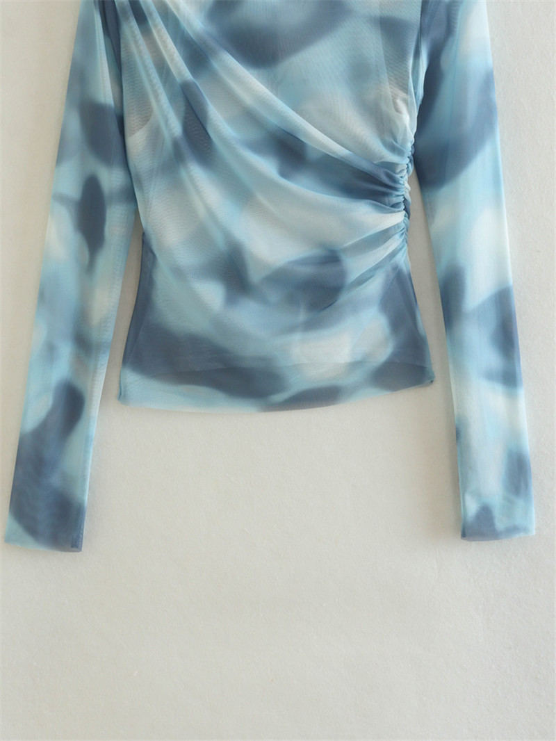Printed silk mesh pleated slim fit top