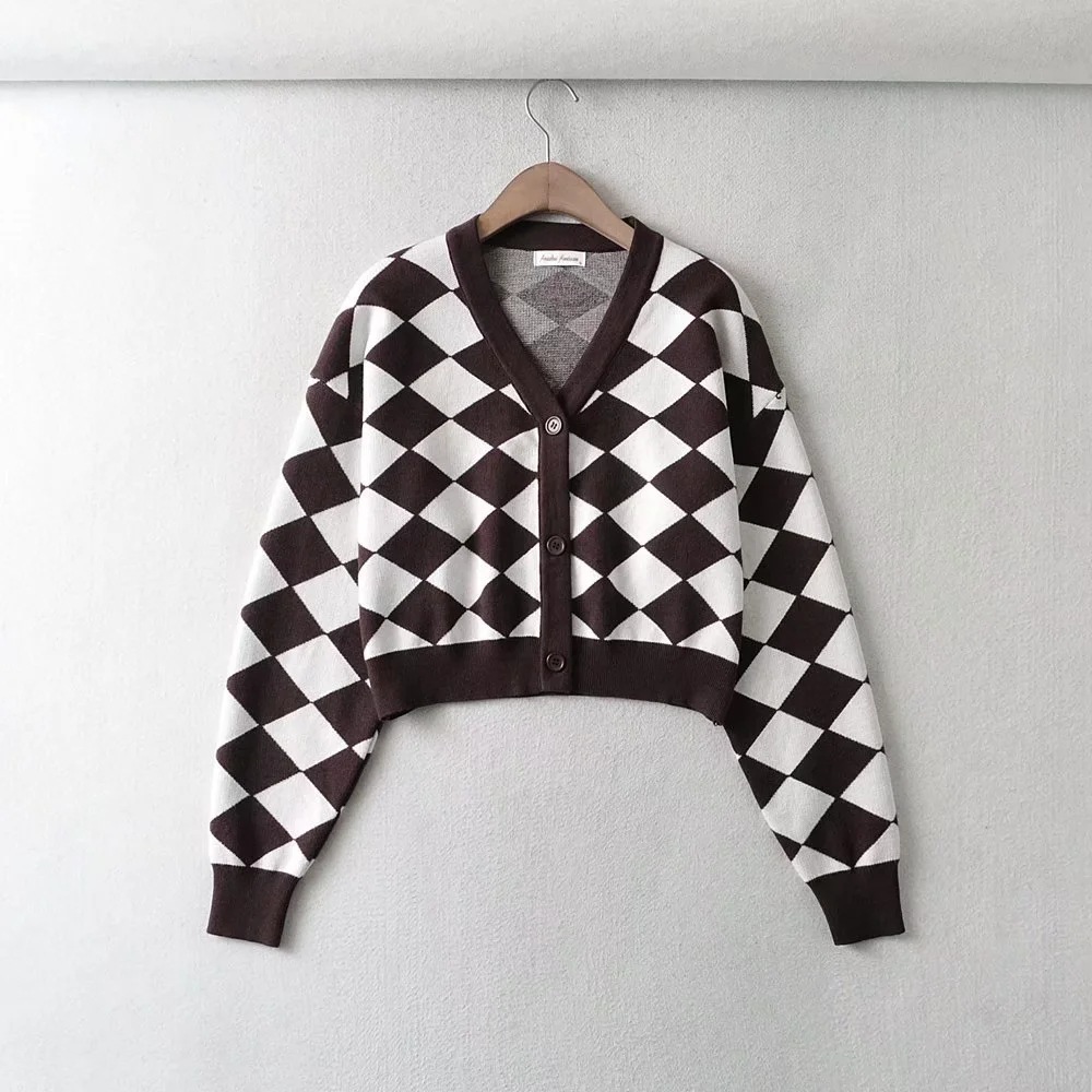 Loose diamond plaid sweater cardigan