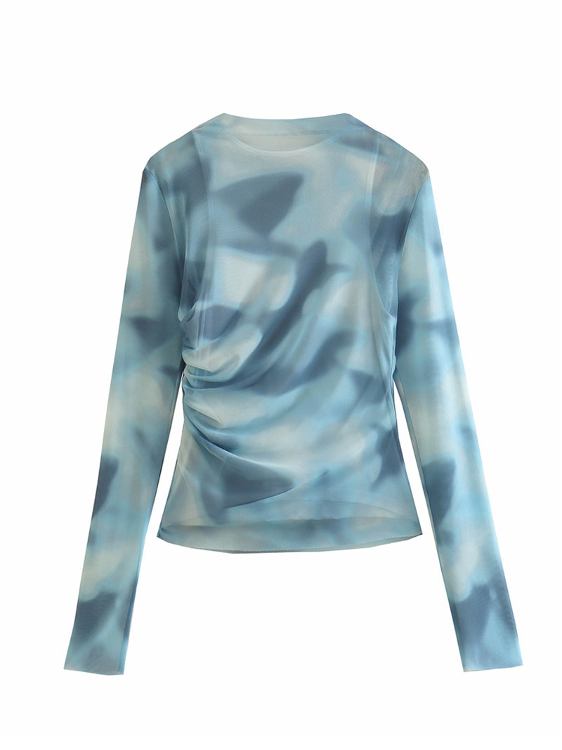 Printed silk mesh pleated slim fit top