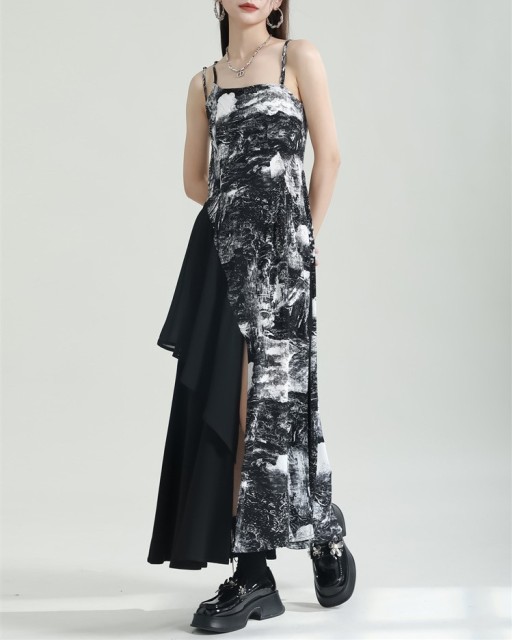 Spliced printed irregular camisole dress