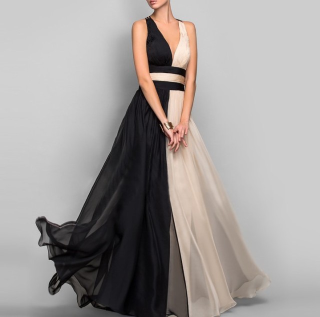 V-neck sleeveless color matching dress