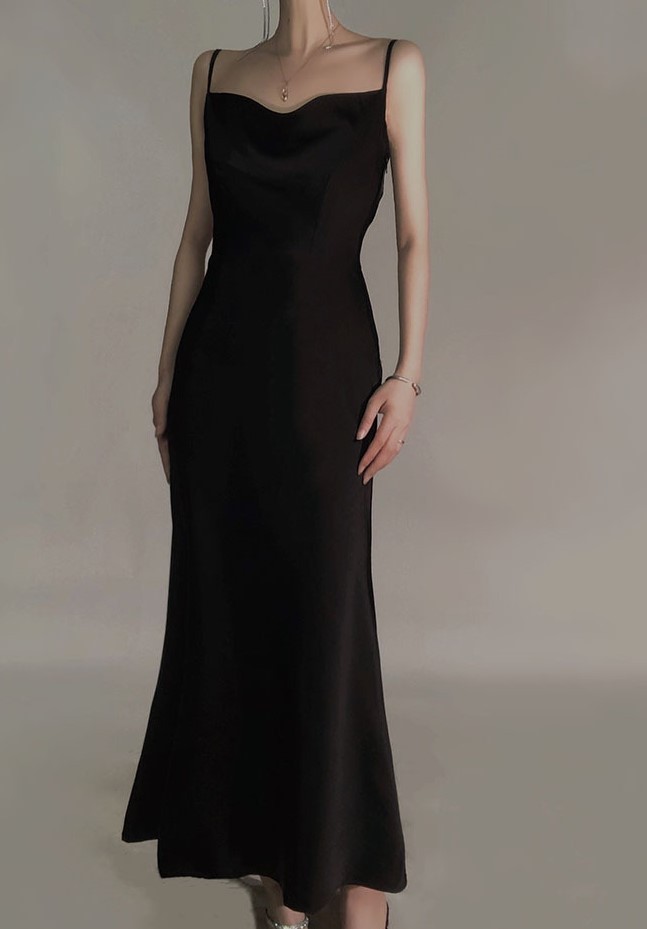 Satin suspender sexy black dress