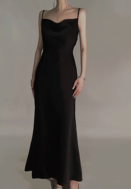 Satin suspender sexy black dress