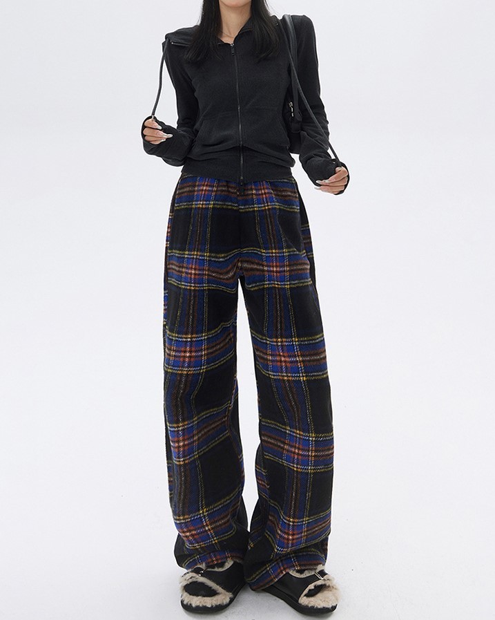 Retro plaid straight leg casual pants