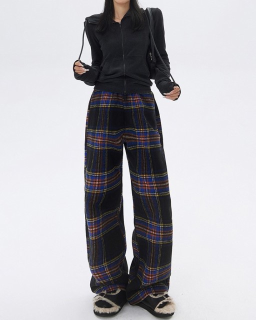 Retro plaid straight leg casual pants