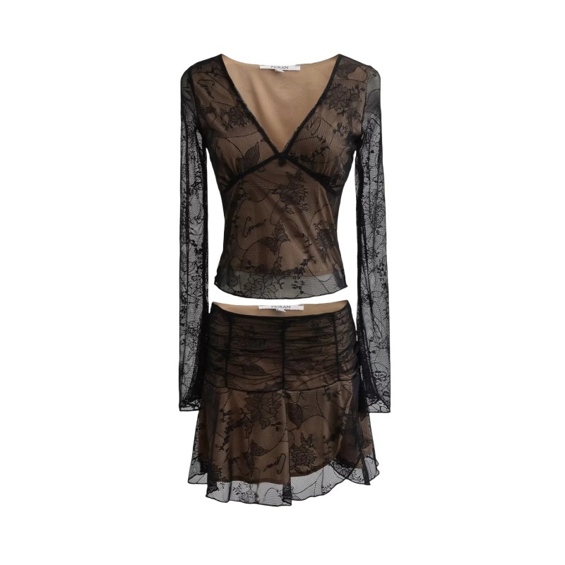Sexy deep V-neck long sleeved lace short skirt set