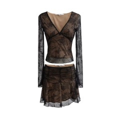 Sexy deep V-neck long sleeved lace short skirt set