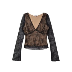 Sexy deep V-neck long sleeved lace short skirt set