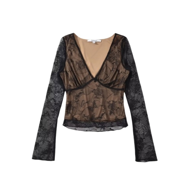 Sexy deep V-neck long sleeved lace short skirt set