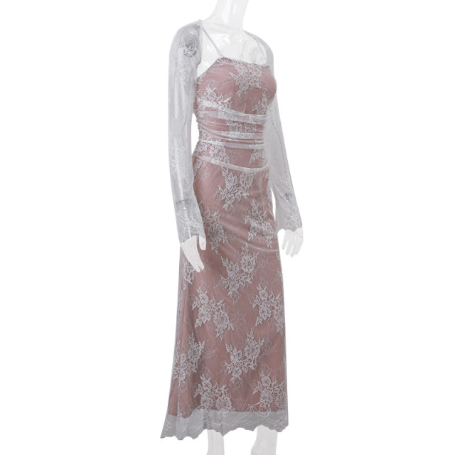 Sexy lace square neck tie up dress