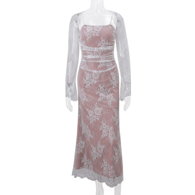 Sexy lace square neck tie up dress