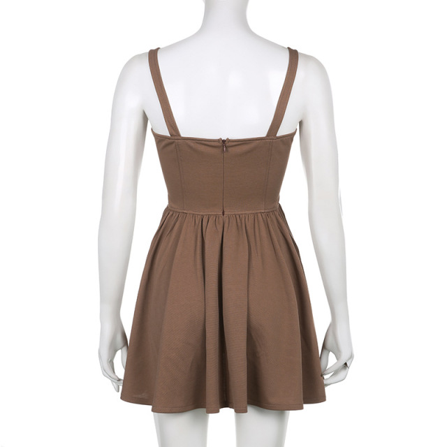 Sexy fishbone pleated suspender puffy dress