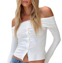 One line neckline split top knit sweater