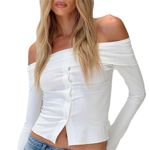 One line neckline split top knit sweater