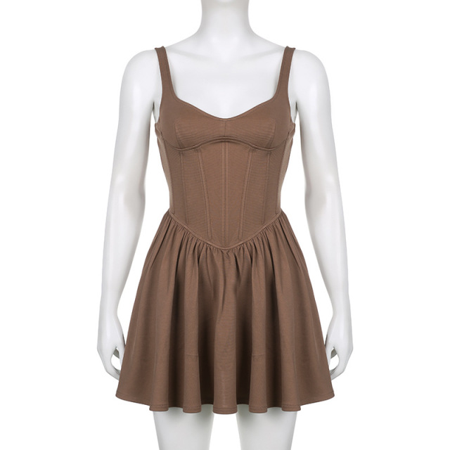 Sexy fishbone pleated suspender puffy dress