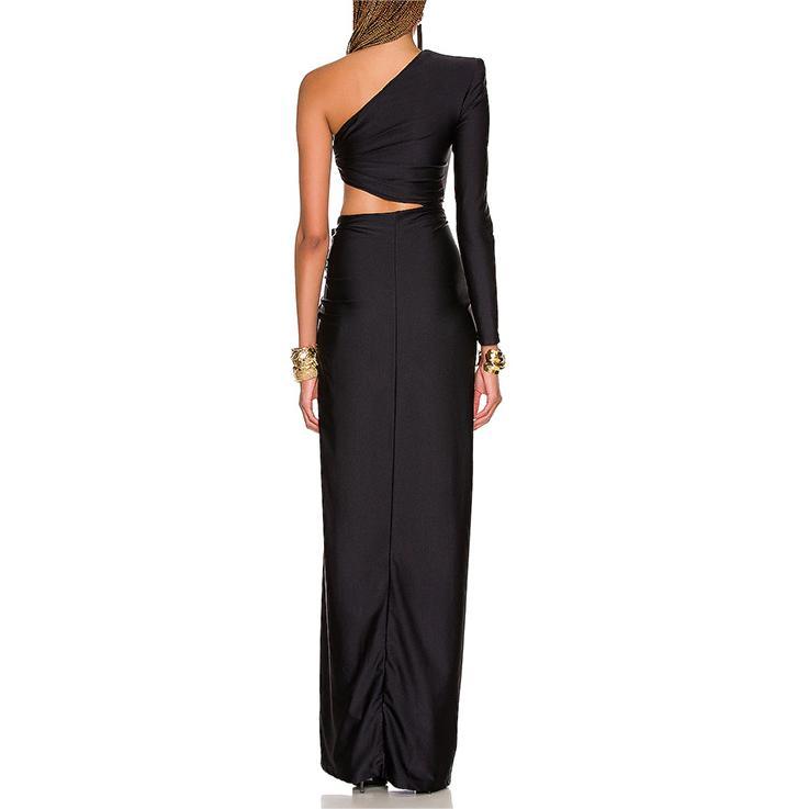 Split elastic dress with sloping shoulder long skirt