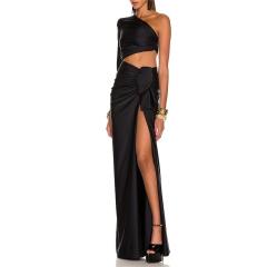Split elastic dress with sloping shoulder long skirt