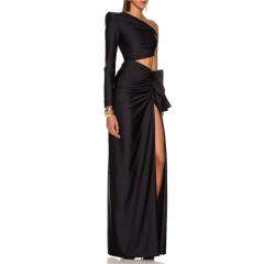Split elastic dress with sloping shoulder long skirt