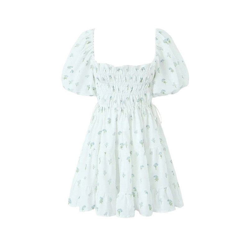 Square necked floral dress short skirt