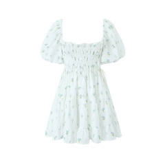 Square necked floral dress short skirt