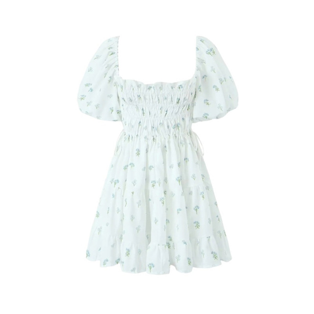 Square necked floral dress short skirt