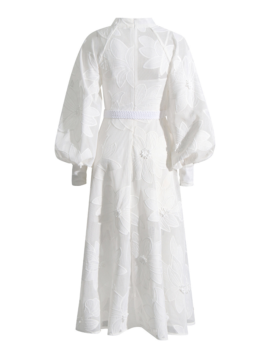Round neck lantern sleeve embroidered long skirt