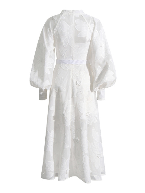 Round neck lantern sleeve embroidered long skirt