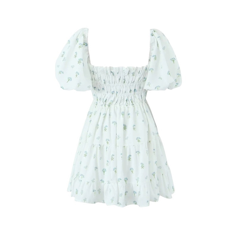 Square necked floral dress short skirt
