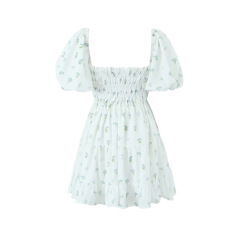 Square necked floral dress short skirt