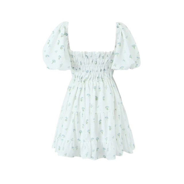 Square necked floral dress short skirt
