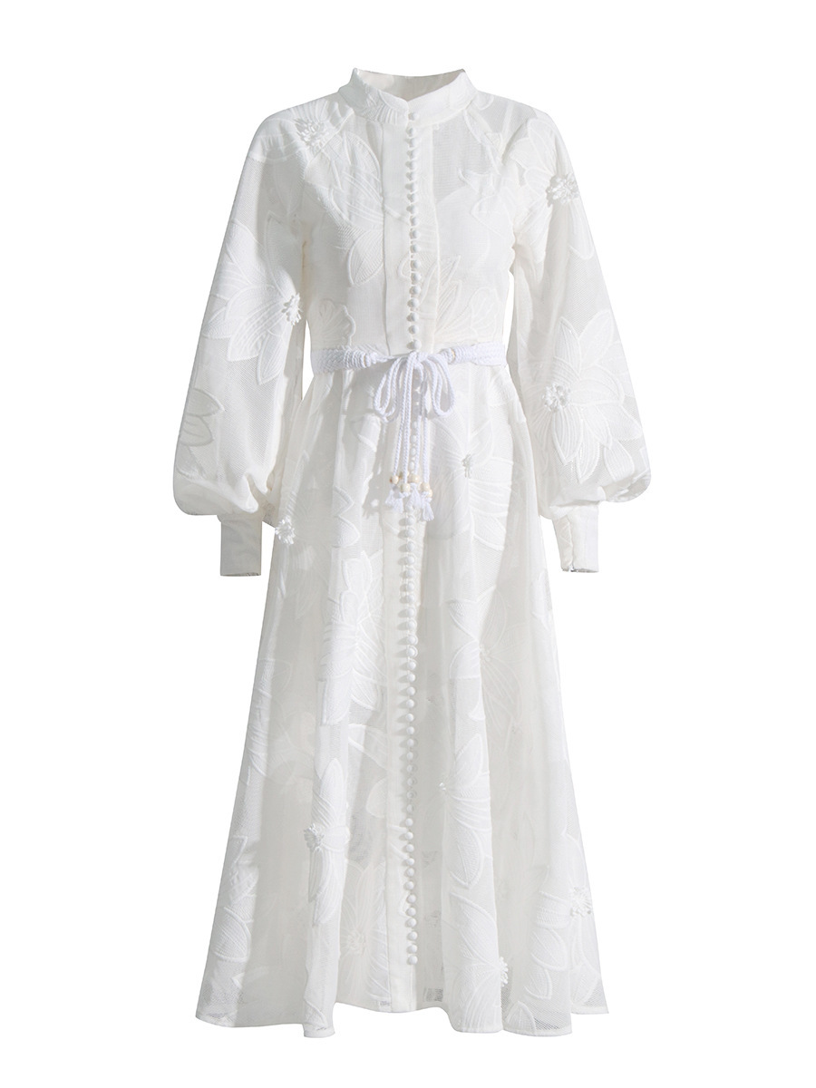 Round neck lantern sleeve embroidered long skirt