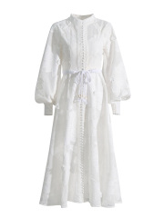 Round neck lantern sleeve embroidered long skirt