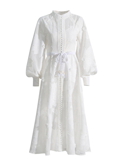 Round neck lantern sleeve embroidered long skirt