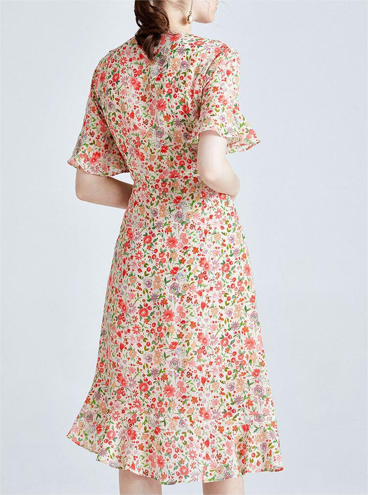 Ruffle edge silk floral A-line skirt