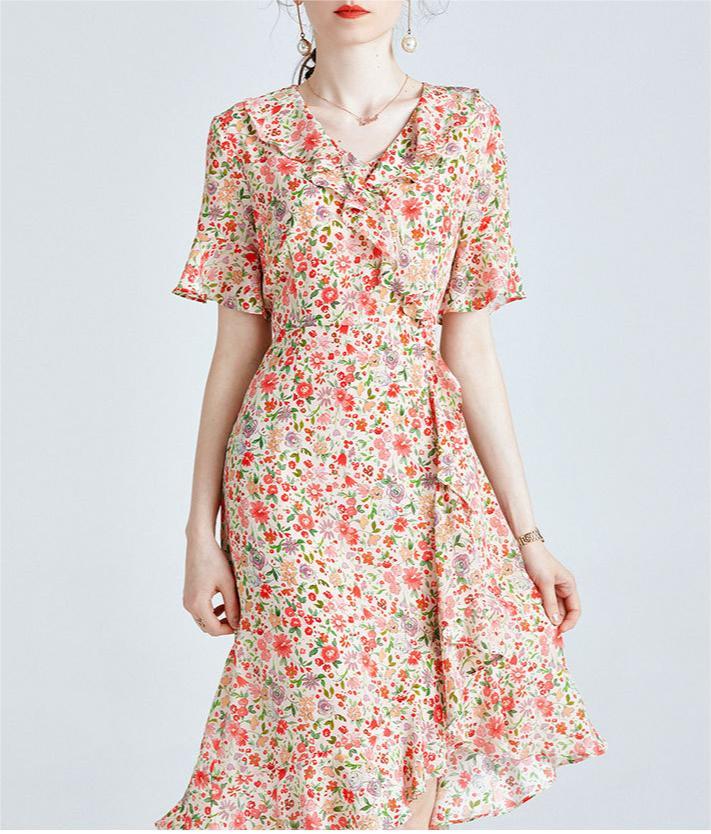 Ruffle edge silk floral A-line skirt
