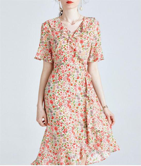Ruffle edge silk floral A-line skirt