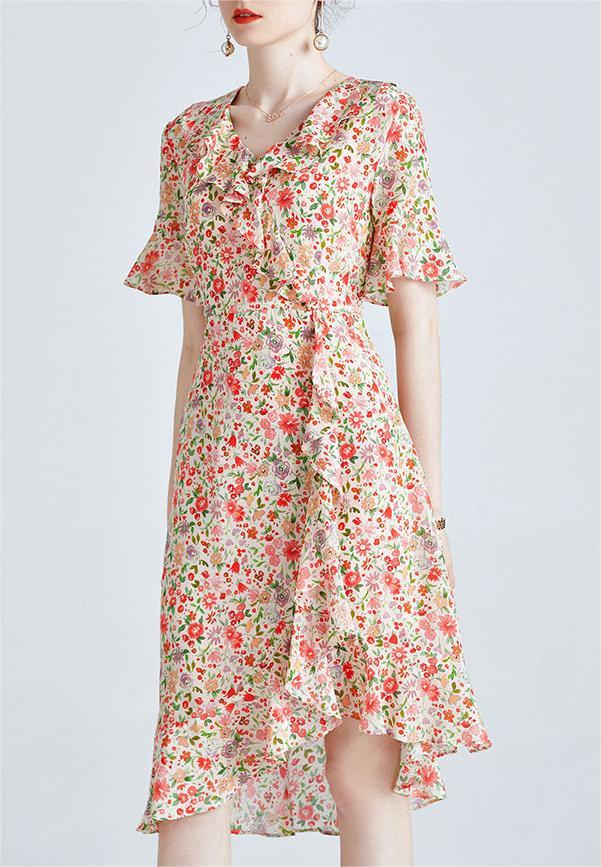 Ruffle edge silk floral A-line skirt