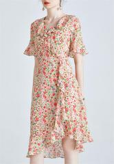 Ruffle edge silk floral A-line skirt