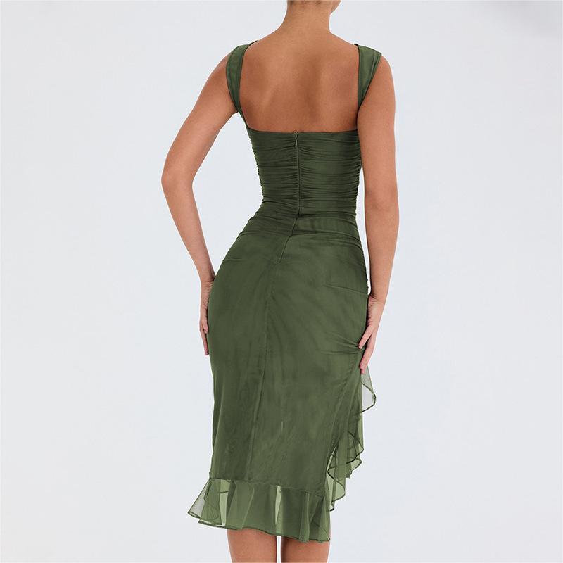 Sexy tight fitting backless pleated midi long skirt
