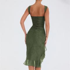 Sexy tight fitting backless pleated midi long skirt