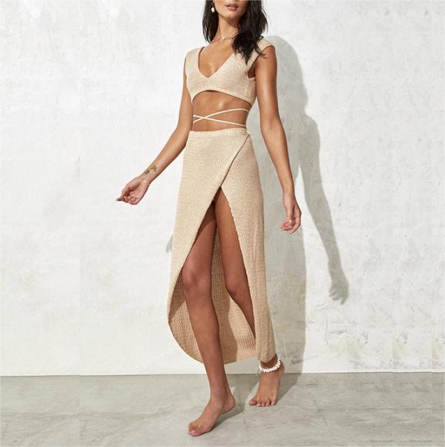 Two piece set of hip wrap skirt and suspender