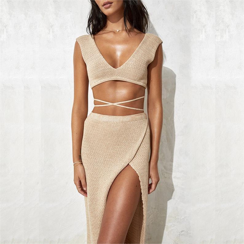 Two piece set of hip wrap skirt and suspender